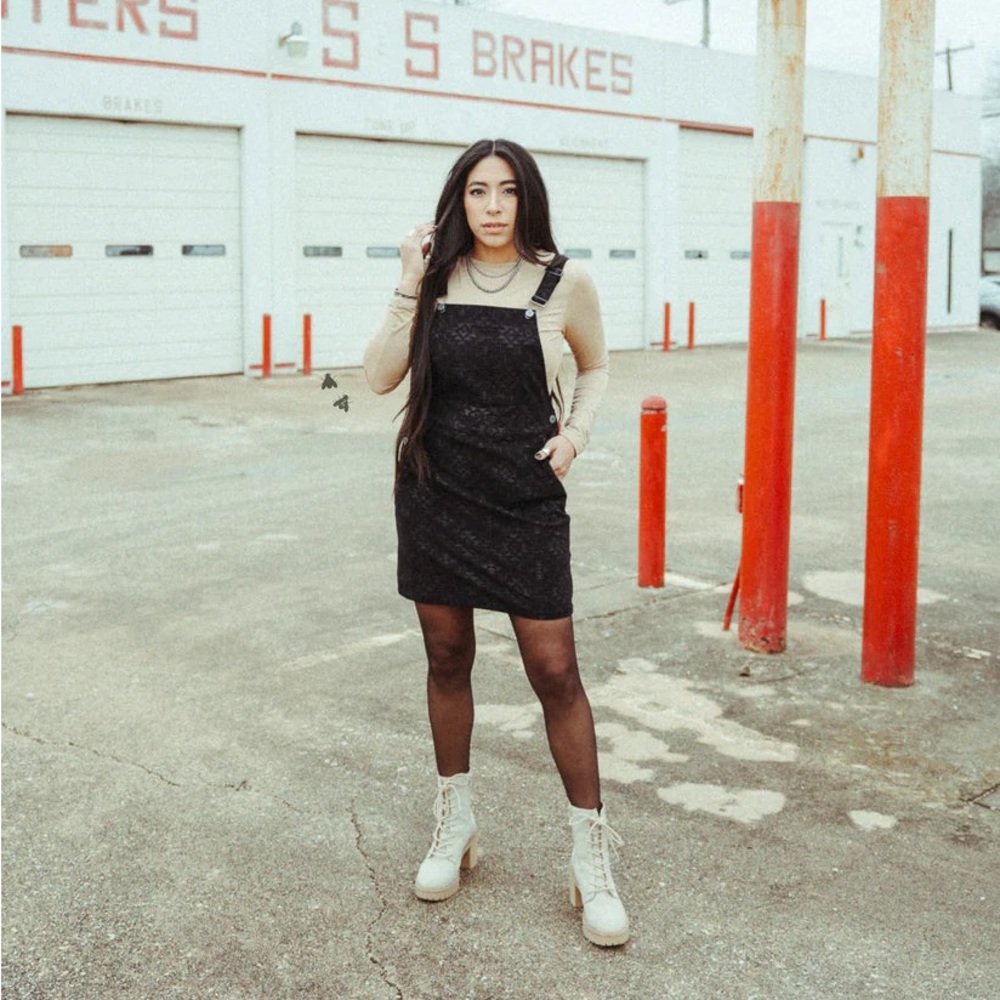 2 Fly Co. Black Aztec Embossed Corduroy Overall Dress with Adjustable Straps